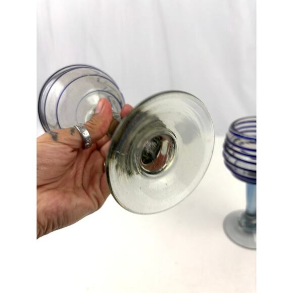 Set 2 Hand Blown Mexican Glass Wine w/ Blue Swirl Bubbles - Picture 8 of 12